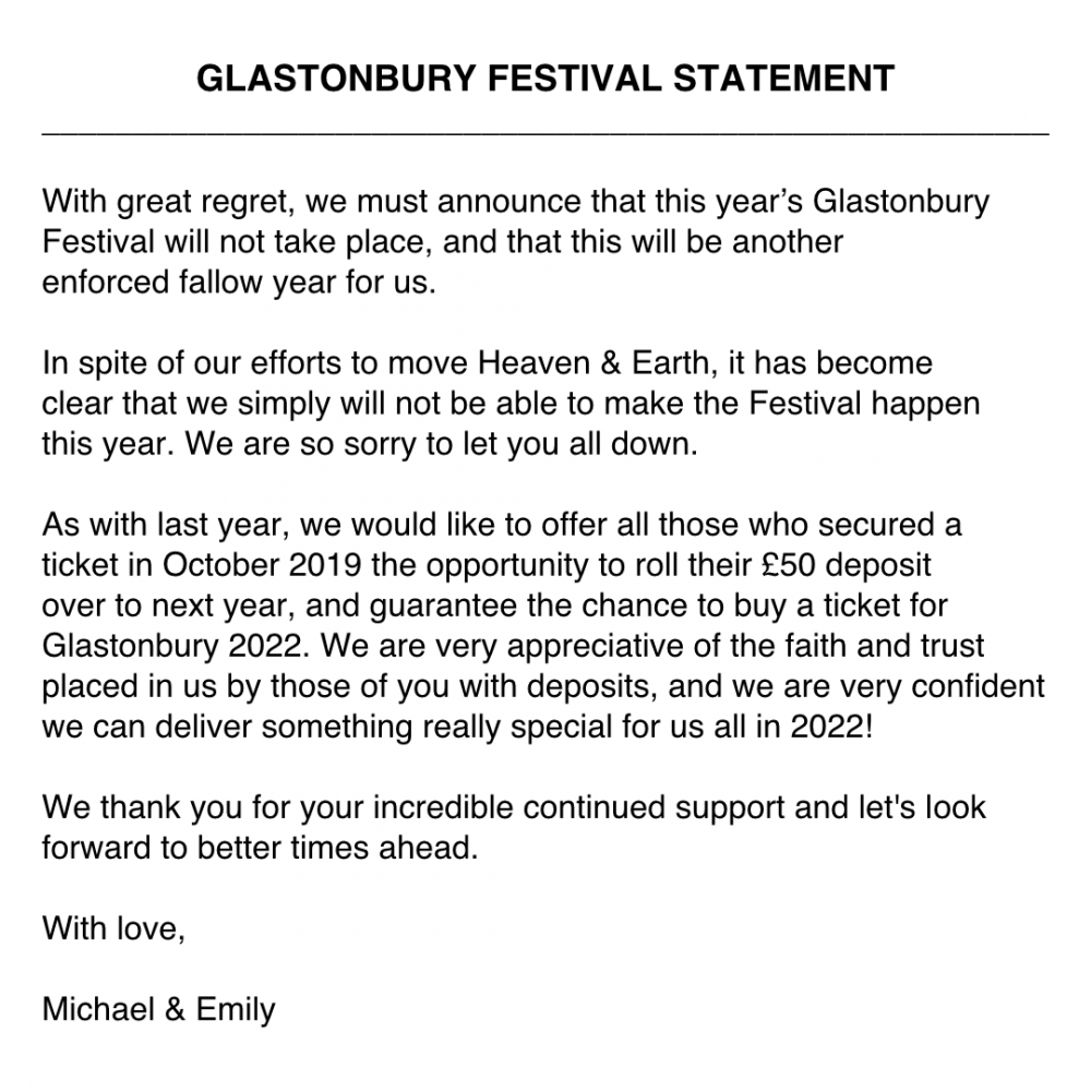 Glastonbury 2021 cancellation statement