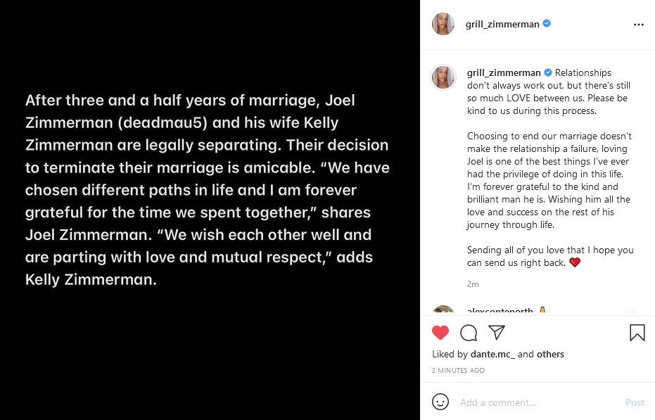 Kelly Zimmerman announces the Deadmau5 split on Instagram.