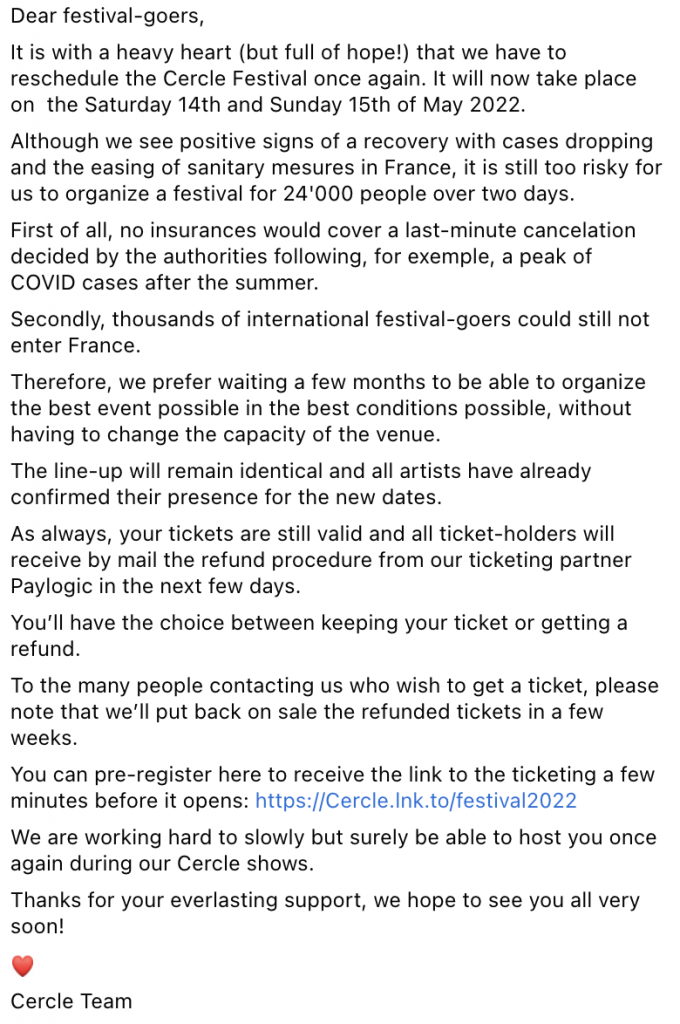Cercle's official statement regarding the postponement of their festival. 